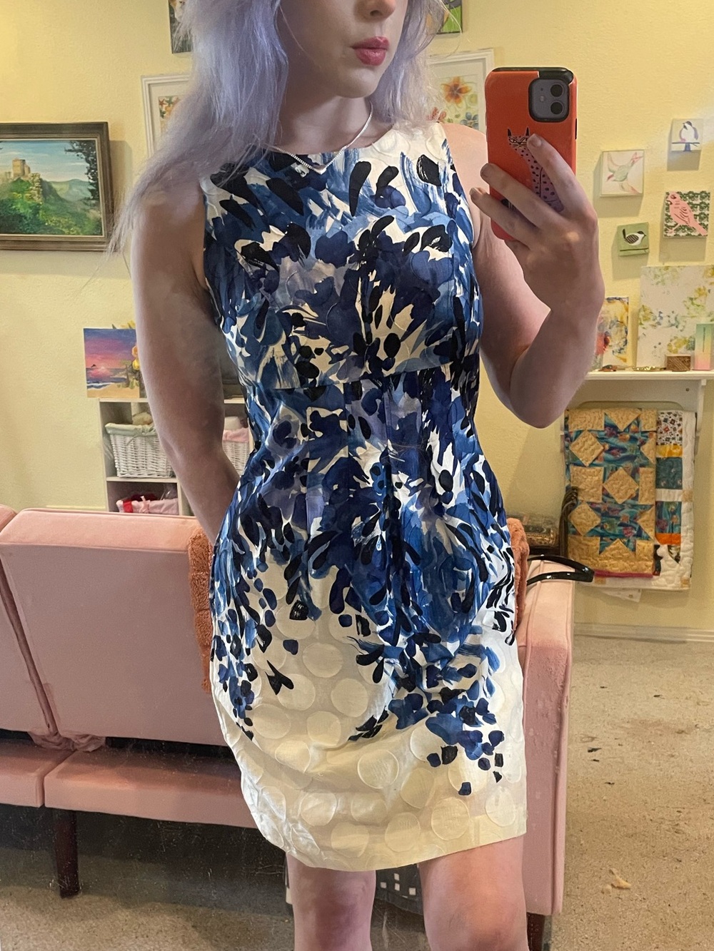 Donna Ricco Cream Sheath Dress with Navy and Cobalt Floral Print